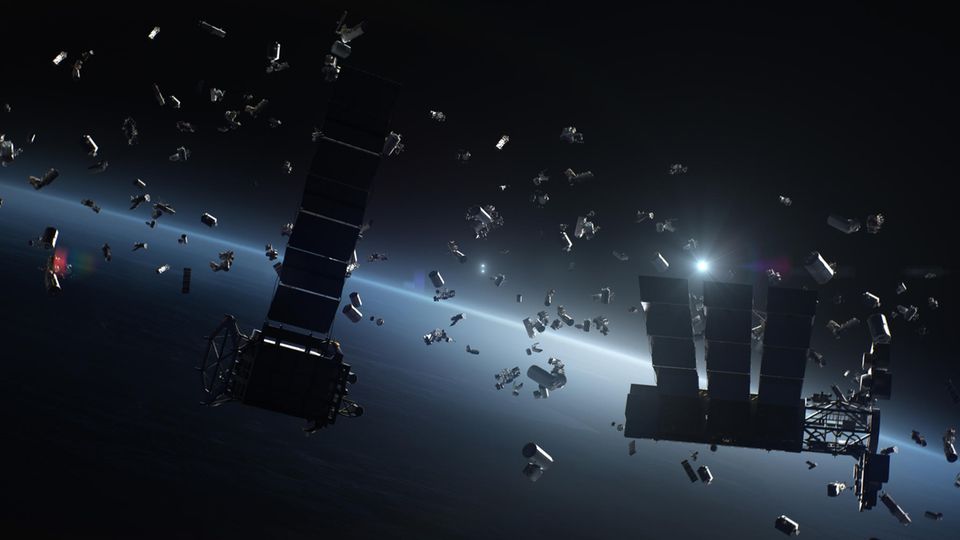 Space debris orbits the Earth at some distance.