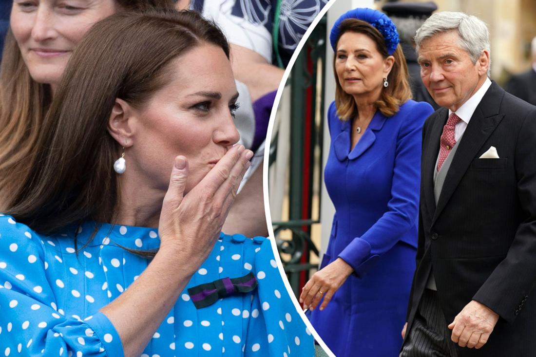 Princess Kate greets her parents at Wimbledon Stadium with a kiss on the hand.  Little did she know how much she would one day be able to count on Carole and Mike Middleton (photo montage). 