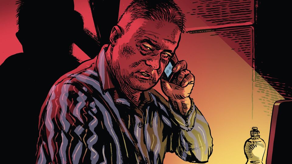 Illustration shows Egisto Ott in dim light with his cell phone in his hand on his laptop