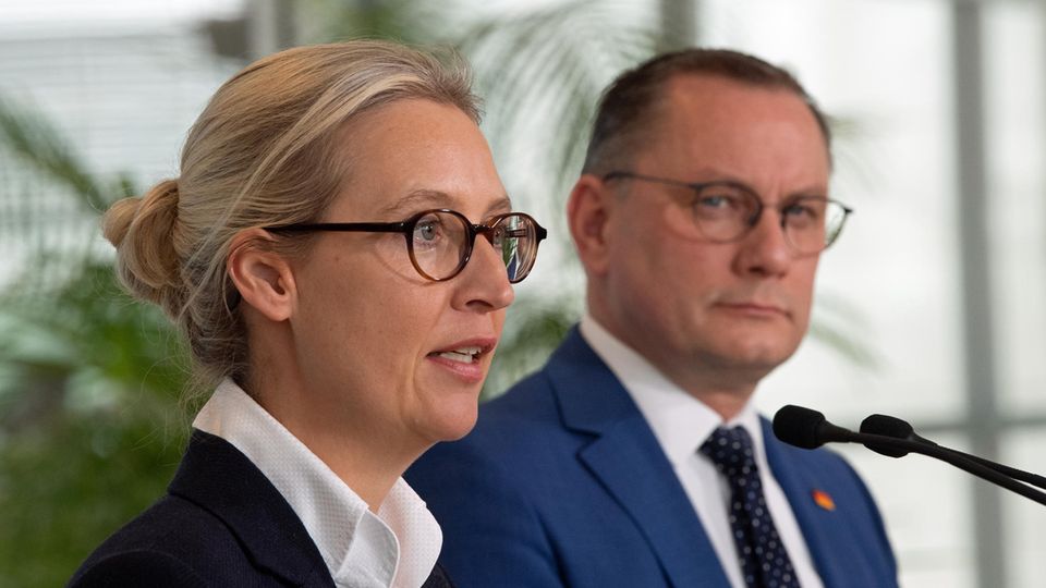 Alice Weidel and Tino Chrupalla, AfD party leaders, before a meeting of the Bundestag parliamentary group