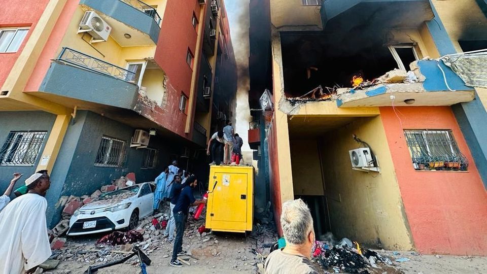 A fire breaks out in a building in Khartoum, Sudan