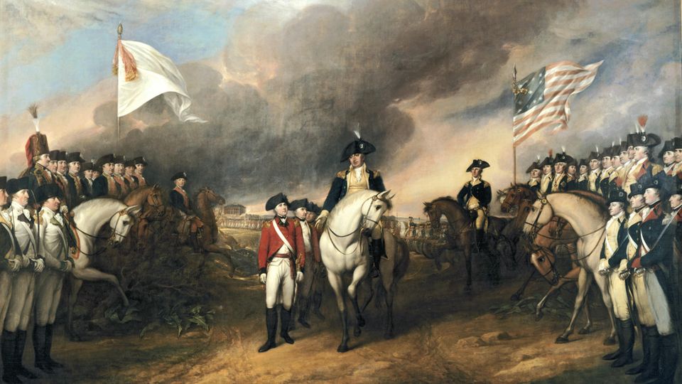 Cornwallis surrenders at Yorktown.  Historically inaccurate painting by John Trumbull,