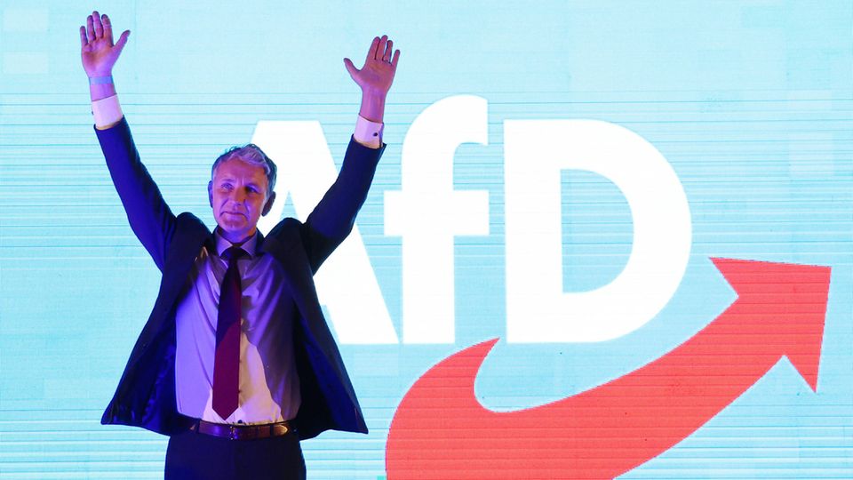 The Thuringian AfD state leader Björn Höcke at a state party conference in Pfiffelbach at the end of April.  