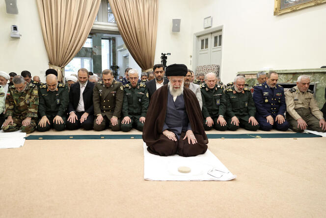 Ayatollah Ali Khamenei, Supreme Leader of the Islamic Republic, prays with officers in Tehran, April 21, 2024. 