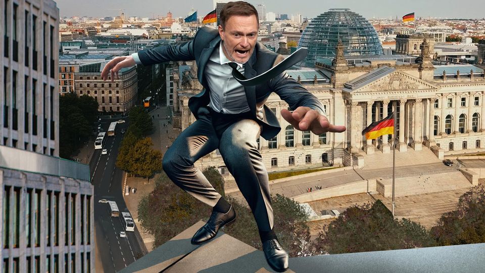 FDP chairman Christian Lindner stands at the edge of the AI-generated roof