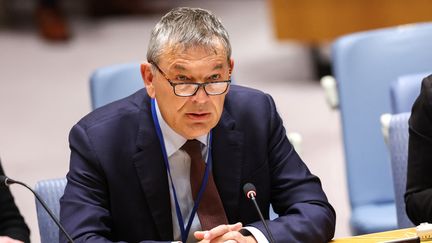 UNRWA Commissioner General Philippe Lazzarini speaks during a meeting of the UN Security Council in New York, April 17, 2024. (CHARLY TRIBALLEAU / AFP)