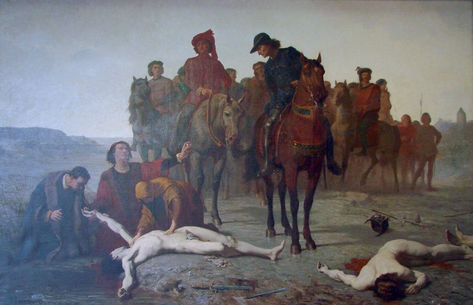 The body of Charles the Bold is found.  The painter Auguste Feyen-Perrin idealized the dead man; in fact, the splendor-loving prince was completely disfigured.