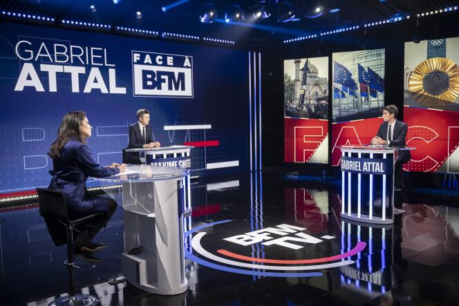 The Prime Minister, Gabriel Attal, on the set of the show “Face à BFM”, on BFM-TV, April 18, 2024.