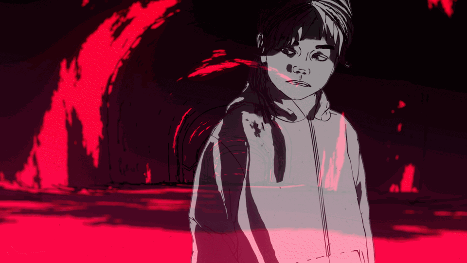 Gif shows a little girl looking down sadly while standing in a dark tunnel