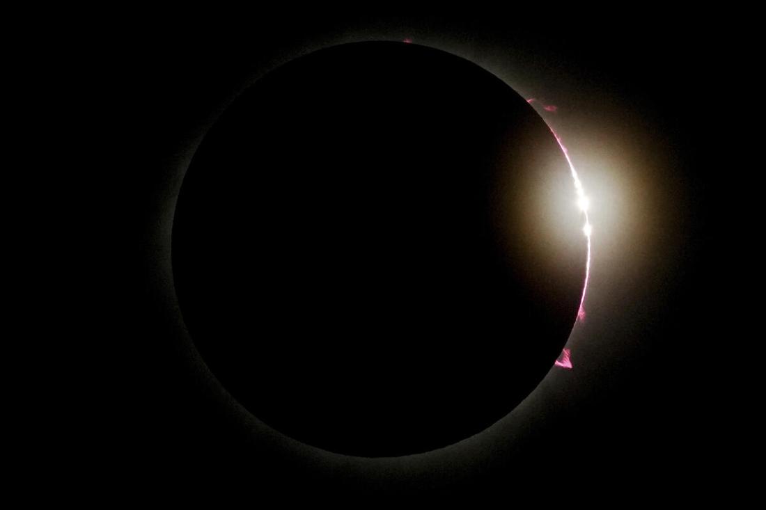 The Moon almost completely obscures the Sun during the total solar eclipse, seen from Mazatlan, Mexico