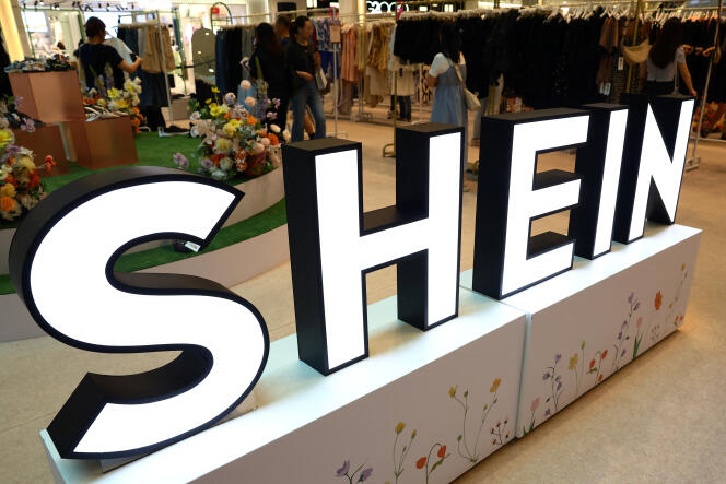 The logo of the Chinese fast fashion site Shein, in a pop-up store, in Singapore, April 4, 2024.