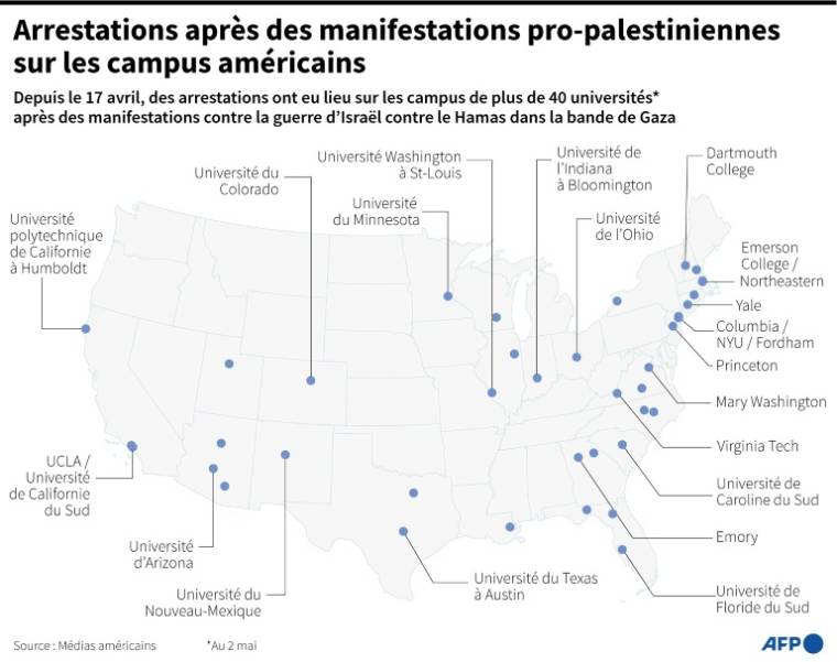Map of American universities where people were arrested after pro-Palestinian demonstrations between May 17 and 2 (AFP / Corin FAIFE)