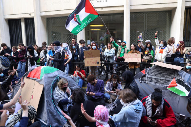 Students occupy the street with tents in front of the Sciences Po university building in support of Palestinians in the Gaza Strip, in Paris, France, May 7, 2024. 