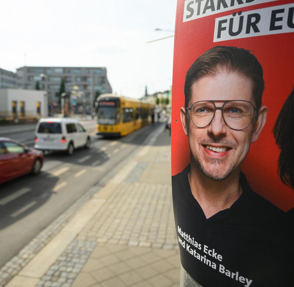 May 4, 2024, Saxony, Dresden: An election poster of the Saxon SPD top candidate for the European elections, Matthias Ecke, hangs on a lamppost on Schandauer Strasse in the Striesen district.  (to dpa: 
