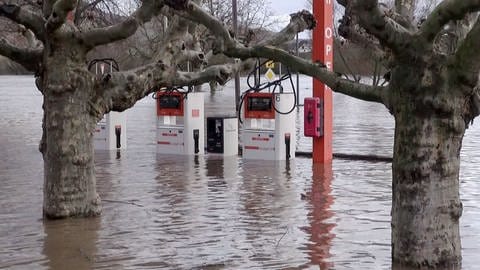 Überflutete Tankstelle in Ürzig an der Mittelmosel