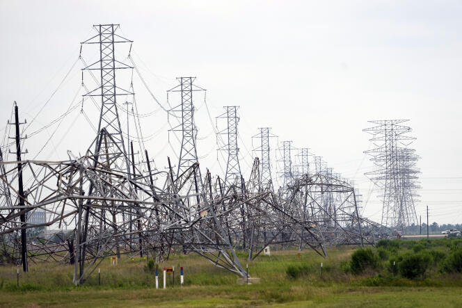 Damaged high voltage lines on May 17, 2024 in Cypress, near Houston, Texas.