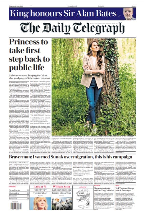 Kate Middleton on the front page of the Daily Telegraph, June 15, 2024