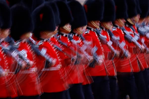 Members of the Coldstream Guards take part in the Colonel's Review on Horse Guards Parade in London, June 8, 2024, ahead of the King's Birthday Parade.